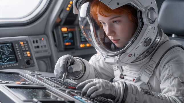 Redheaded female astronaut operating control panel inside spacecraft cockpit. Pilot navigating mission using digital interfaces and manual tools.