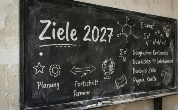 Ziele 2027 Schultafel mit Planungsikonen und naturwissenschaftlichen Formeln f&uuml;r Bildung und Zukunftsplanung
