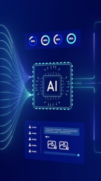 AI processing node overview showcasing central microchip linked to user profiles, data charts, and automated agents.