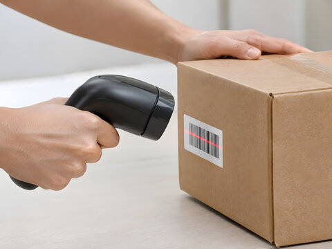 Close up of person scanning barcode on cardboard package