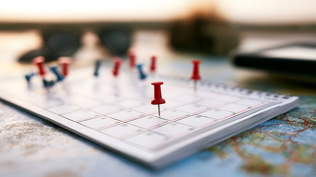 A close up of a calendar with red and blue pins marking dates  resting on a map with soft background lighting