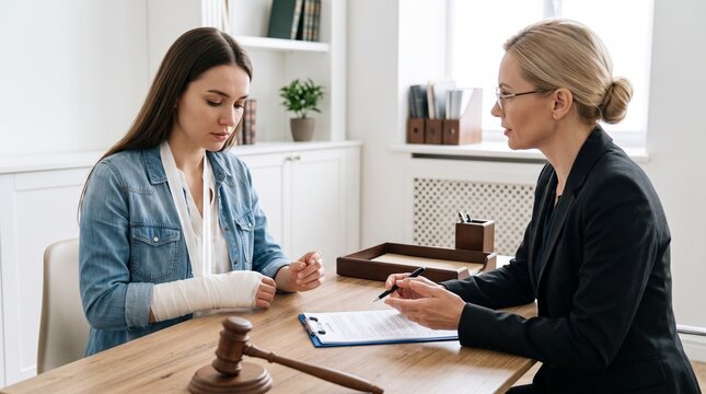 Female lawyer consulting injured client with arm cast in professional