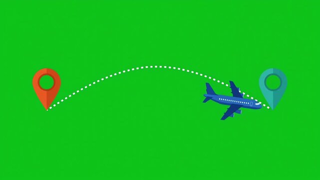 Flight Tracking Animation with Airplane Moving Along Curved Dotted Route Between Location Pins on Green Screen