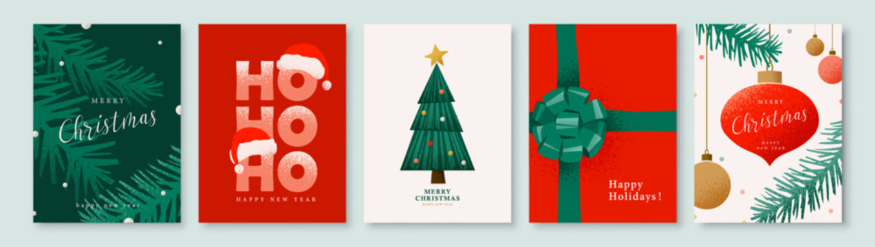Christmas card holiday background set with grainy ho ho ho typography, pine tree, festive gift, baubles vector templates for winter greeting banners