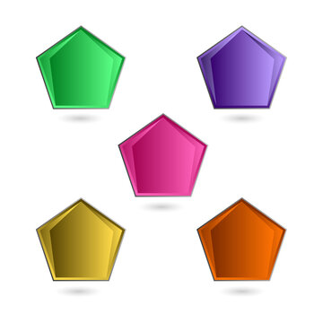 Set of five colorful pentagon shaped glossy web buttons with shadows transparent background