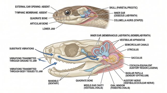 Detailed diagram showing the anatomy of a snakes skull and inner ear structure