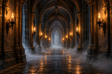 Candlelit Gothic corridor with drifting mist © kim