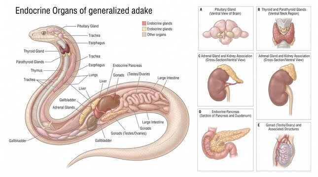 Detailed anatomical illustration of endocrine organs within a generalized adake snake