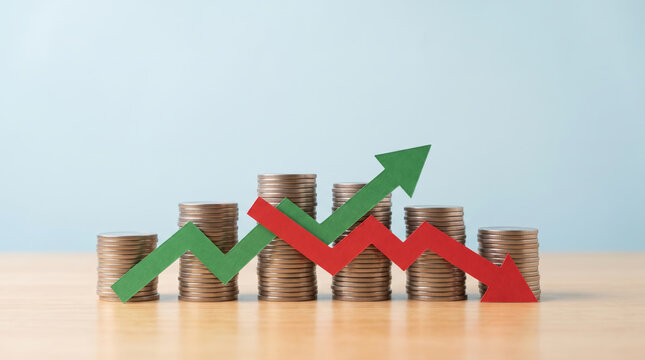 Red inflation arrow above coin stack showing unstable economy. Financial crisis recession. stock price increase falling, bankruptcy risk loss, chart graph statistic