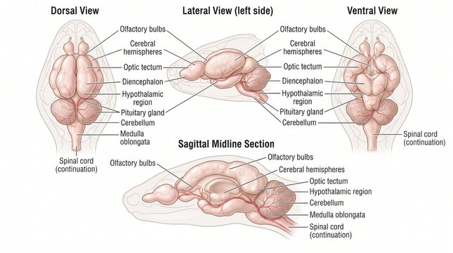 Detailed diagram illustrating the dorsal lateral and ventral views of a brain structure