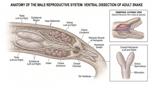 Detailed anatomical illustration of the male reproductive system of an adult snake dissected ventrally