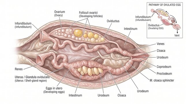 Detailed anatomical illustration of avian reproductive and digestive systems labeled
