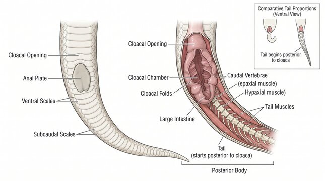 Detailed anatomical illustration of a reptiles posterior body and tail structures