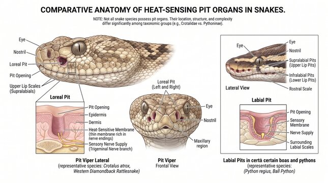 Detailed illustration of comparative anatomy of heatsensing pit organs in snakes