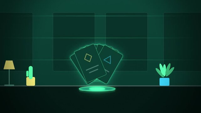 Holographic fanned cards on a desk AI interface wide scene