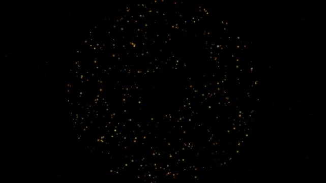 Gold explosion scattering outward from the center of a black background as a bright central flash fades into slowly drifting embers falling through the frame