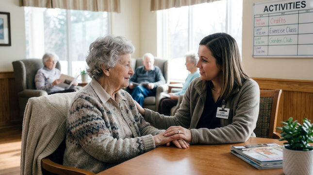 Kind caregiver supporting senior female resident with empathy at nursing home community.