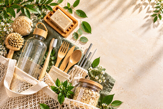Sustainable Living Flat Lay with Eco Friendly Reusable Products on Beige Background