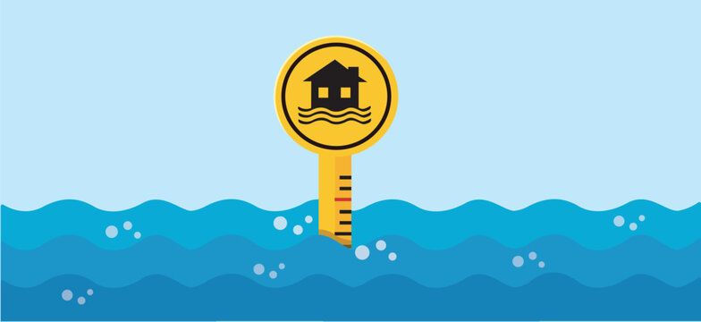 Flood Water Level Gauge Sign with House Warning Icon