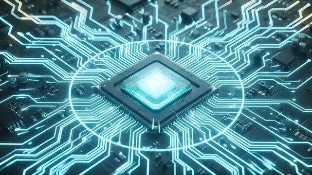 Futuristic AI Processor Chip Connected To A High Speed Digital Circuit Board Representing Artificial Intelligence Computing And Advanced Technology, 3d rendering