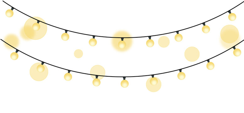 Golden Festive String Lights Hanging Across a Transparent Background. Creating a cheerful festive scene for holiday greetings, party invitations, and seasonal designs.