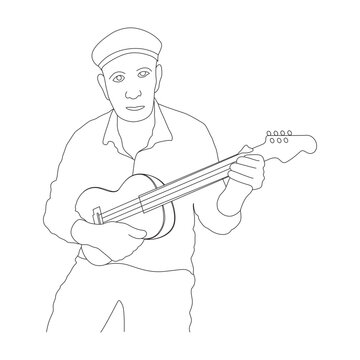 Man Playing Ukulele or Small Guitar Wearing Cap Line Art Vector Illustration in AI EPS SVG PNG