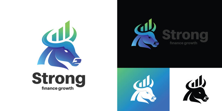Gradient bull head finance logo with rising bar chart between horns concept for investment company, stock trading, and wealth management brand