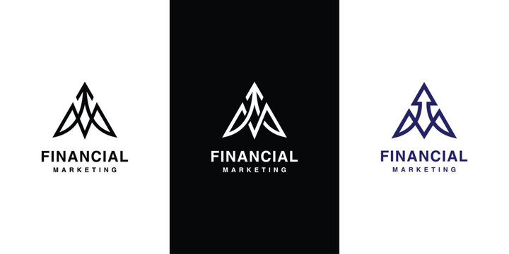 Letter M and upward arrow monogram logo set with geometric triangle line concept for financial marketing, investment firm, and business agency