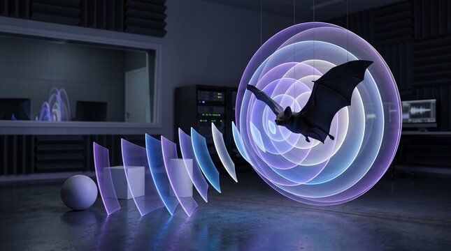 Bat flying through emitted sound waves in a controlled acoustic testing room with echolocation ultrasonic frequency research
