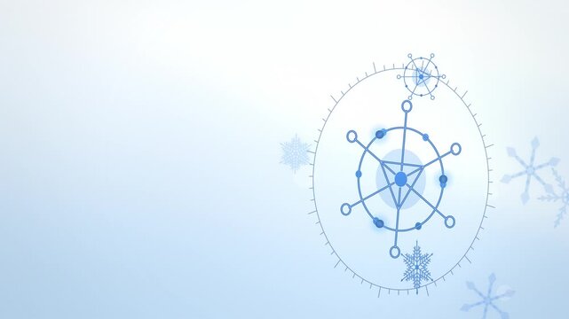 Blue lace snowflake with chasing lights close-up abstract background