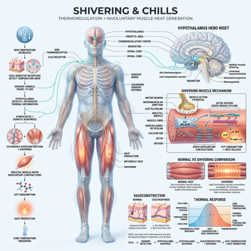 Detailed medical illustration showing human physiological shivering mechanism and thermoregulation process inside the body with clear labels and informative diagrams