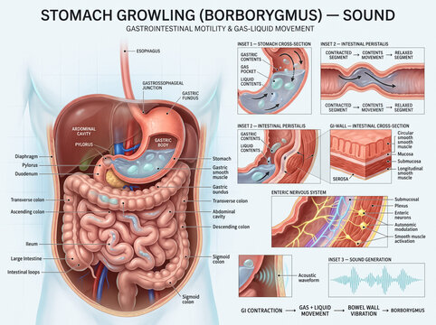 Detailed medical illustration showing human stomach anatomy with biological processes explaining gastrointestinal motility and loud bowel sounds in clinical educational detail
