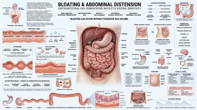 Detailed medical infographic explaining abdominal bloating and distension through digestive system pathways with clear anatomical labels and educational scientific diagrams included