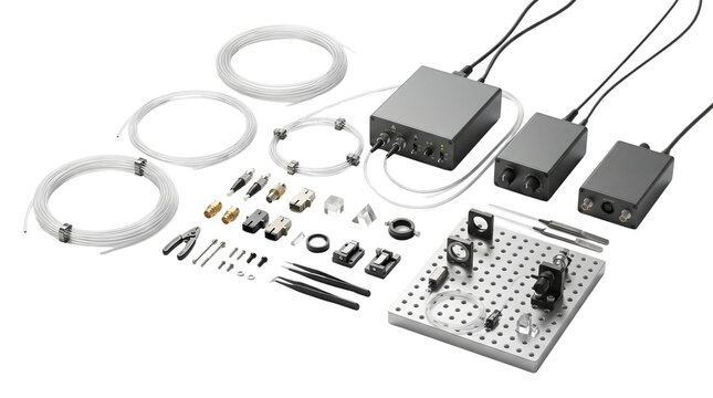 Laboratory optical fiber equipment kit, fiber optic scientific testing devices, precision physics hardware on white background