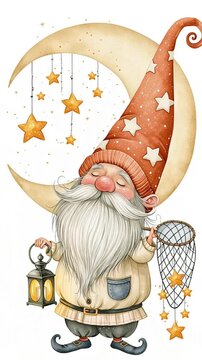 Adorable cute fairytale Scandinavian gnome with an antique lantern and a net with a net, catching stars, the moon, on a white background, flat design animation