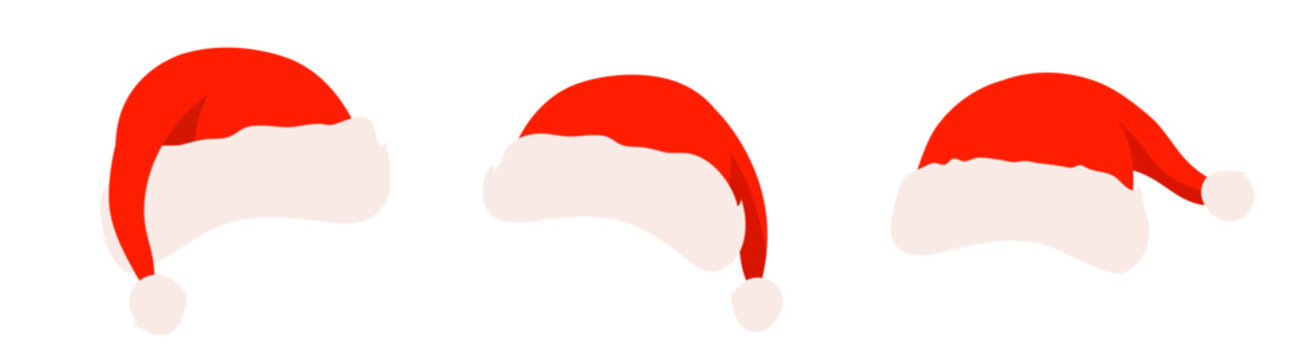 Santa Claus hat background set with red and white isolated vector caps and flat Christmas holiday design elements