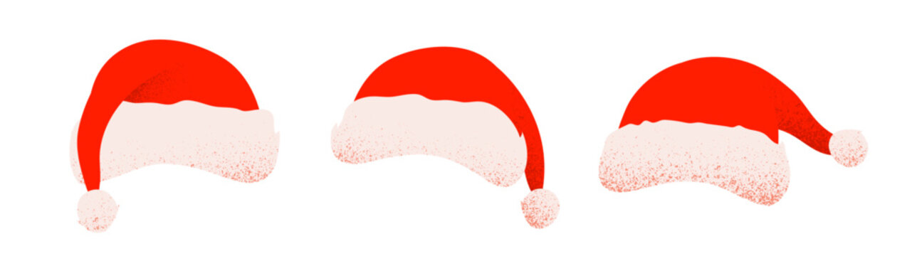 Santa Claus hat background set with red and white isolated vector caps and grainy texture Christmas holiday design elements