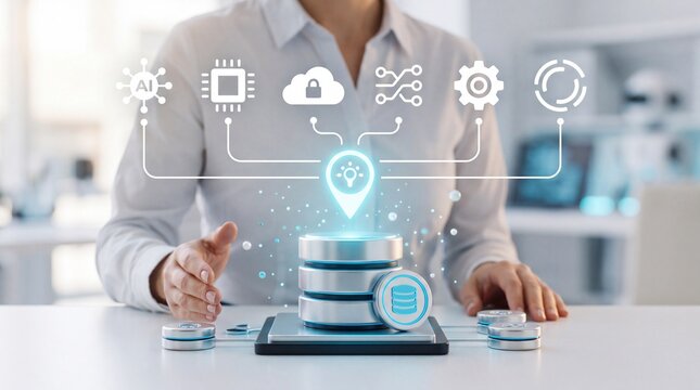 Business professional interacting with a holographic data management interface in a modern office environment with computing artificial intelligence digital interface