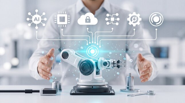 Industrial robotic arm being operated by a technician with digital interface icons on display with representing artificial intelligence workstation with technician interacts small