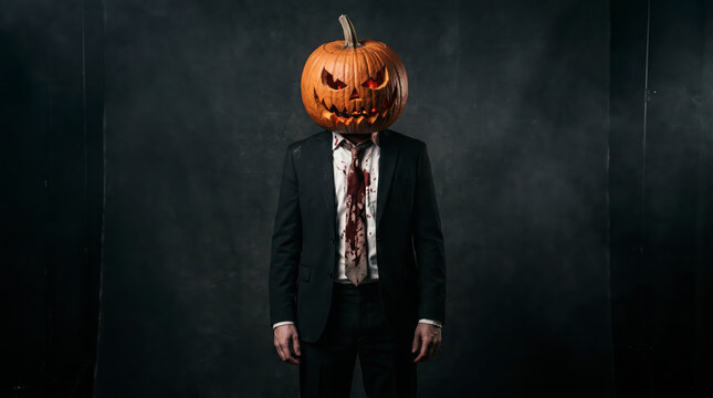 Creepy Man with Pumpkin Head in Blood Stained Suit for Halloween