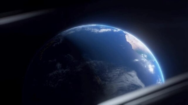 Earth as seen from space blue oceans, white clouds, and landmasses, framed by darkness as if viewed through the window of a spacecraft.