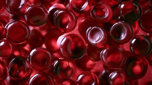 Detailed view of human red blood cells suspended in plasma, biconcave disc shapes with smooth