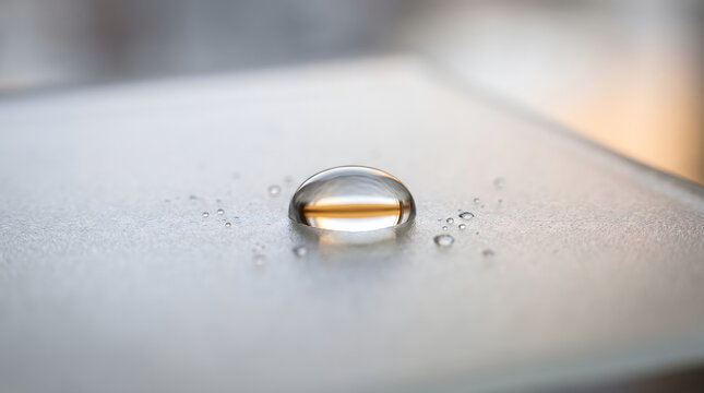 Pristine water droplet on frosted glass with light refraction macro
