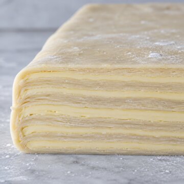 Close-up of layered pastry dough with butter
