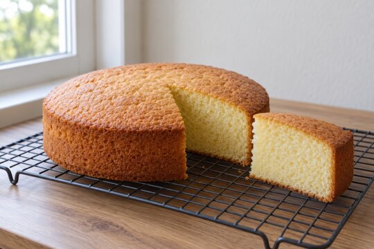Round sponge cake with a slice on a cooling rack