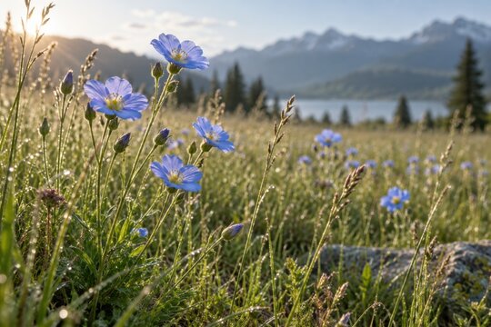 Blue wildflowers overlooking a mountain lake