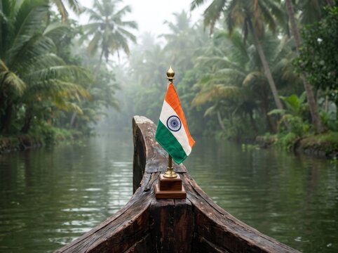 Miniature Indian table flag on wooden houseboat prow in misty canal