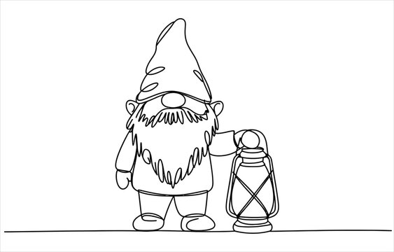 Continuous single line drawing of a garden gnome holding a vintage lantern