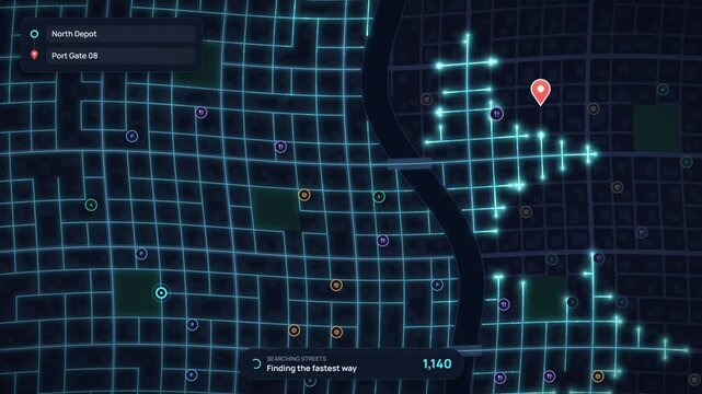 Navigation map UI animation, pathfinding search spreads through city streets to find fastest route