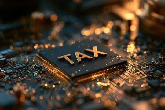 Word tax on a glowing microchip representing taxation in the digital economy